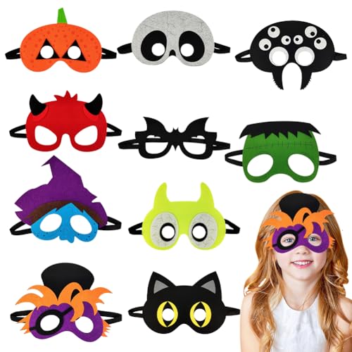 wllqinte Halloween Kinder Cosplay Masken, 10 Stück Filz Masken mit Elastischen Seil Kindermasken Party Cartoon Party Maske für Jungen Mädchen Halloweenzeit Karneval Geburtstag von wllqinte