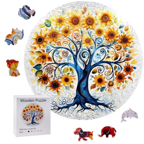 wocpvm Holz Puzzle Erwachsene Wooden Puzzle Sonnenblume Puzzle Holz Erwachsene 28 x 28 cm Quordlepuzzles für Kinder ab 6 Jahren mit Geschenkbox Baum Holzpuzzle für Heim Dekoration und Geschenke von wocpvm