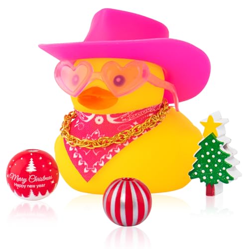 wonuu Auto Armaturenbrett Weihnachtsdekorationen Gummienten Heiligabend Gummiente für Auto Ornament Niedliche Ente mit Zubehör Cowboyhut Brille Halskette (Rosa) von wonuu