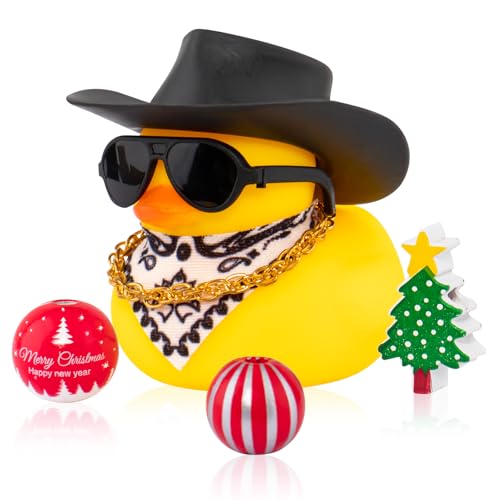 wonuu Auto Armaturenbrett Weihnachtsdekorationen Gummienten Heiligabend Gummiente für Auto Ornament Niedliche Ente mit Zubehör Cowboyhut Brille Halskette (Schwarz) von wonuu