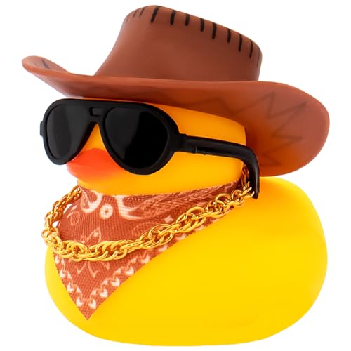 wonuu Auto Dekorationen Streifen Cowboyhut Gummienten Armaturenbrett Gummiente für Auto Ornament Niedliche Ente mit Hut, Brille, Halskette, Schal, Braun von wonuu