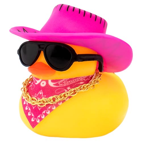 wonuu Auto Dekorationen Streifen Cowboyhut Gummienten Armaturenbrett Gummiente für Auto Ornament Niedliche Ente mit Hut, Brille, Halskette, Schal, Rosa von wonuu