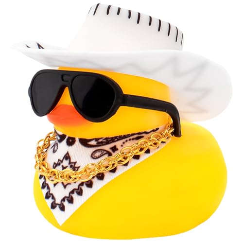 wonuu Auto Dekorationen Streifen Cowboyhut Gummienten Armaturenbrett Gummiente für Auto Ornament Niedliche Ente mit Hut, Brille, Halskette, Schal, Weiß von wonuu