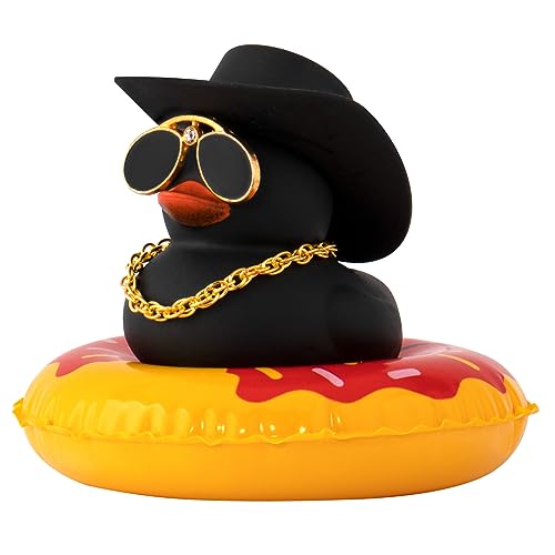 wonuu Auto Ente Ornament Armaturenbrett Dekorationen Gummiente Auto für Auto Armaturenbrett Zubehör mit Schwimmring Sonnenbrille Hut und Halskette, A_Black Duck&Black Cowboyhut & Red Donut von wonuu