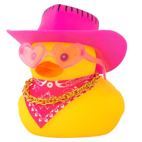 wonuu Auto Gummi Cowboy Ente, Gelbe Enten Dekoration Armaturenbrett mit Cowboyhut Halskette Sonnenbrille Rosa Schwarze Linie von wonuu