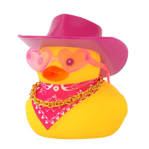 wonuu Auto Gummi Cowboy Ente, Gelbe Enten Dekoration Armaturenbrett mit Cowboyhut Halskette Sonnenbrille Rose Rot von wonuu