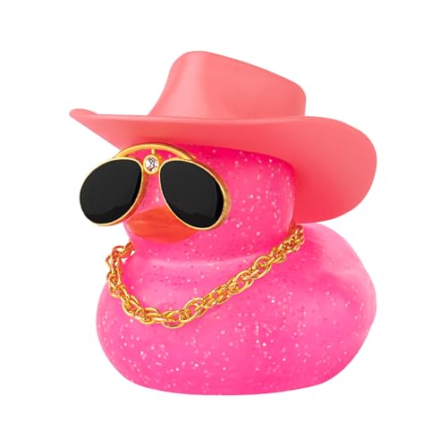 wonuu Auto-Gummi-Ente, Armaturenbrett-Dekorationen, bunt, glitzernd, Cowboyhut, Enten für Auto, Ornament, Zubehör mit Hut, Diamantbrille, Halskette, funkelndes Rosa von wonuu