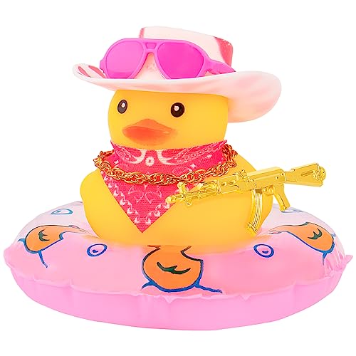 wonuu Auto-Gummi-Ente Dekoration, West Cowboy-Ente, Auto-Armaturenbrett, Dekoration, Zubehör mit Mini-Schwimmring, Cowboyhut, Schal und Sonnenbrille, A_Pink Schal, rosa Brille, weiß & roter Hut von wonuu