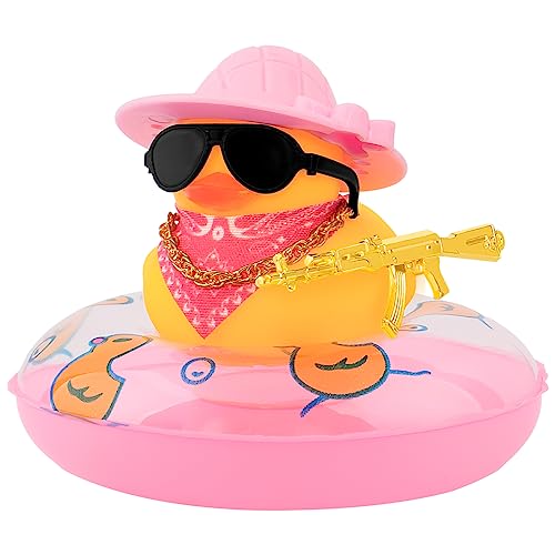 wonuu Auto Gummiente Dekoration, West Cowboy Ente Auto Armaturenbrett Dekoration Zubehör mit Mini Schwimmring Cowboy Hut Schal und Sonnenbrille, A_Pink Schal Bowknot Hut Rosa Ring von wonuu