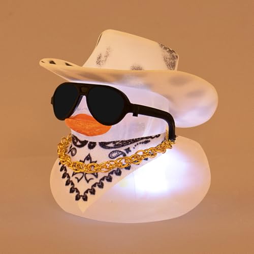 wonuu Auto Gummiente mit Licht, gelbe Ente mit Bandana Halskette Sonnenbrille für Armaturenbrett Dekoration, Weiß Hellschwarz Punkt Cowboyhut von wonuu