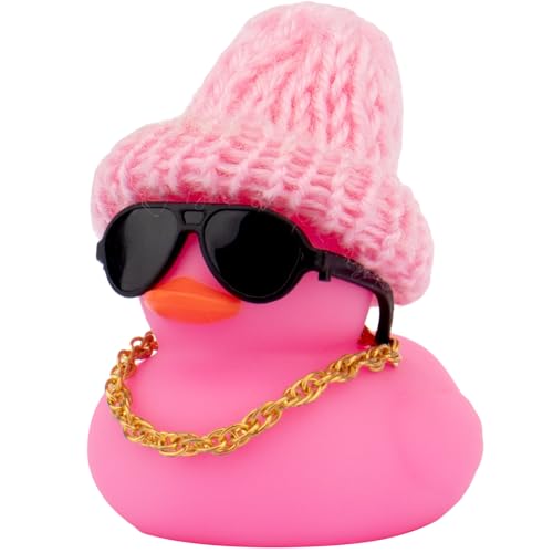 wonuu Bunte Gummi-Enten, Weihnachtsdekoration, Gummi-Ente für das Auto, niedliche Ente mit Strickmütze, Brille, Halskette (Rosa) von wonuu