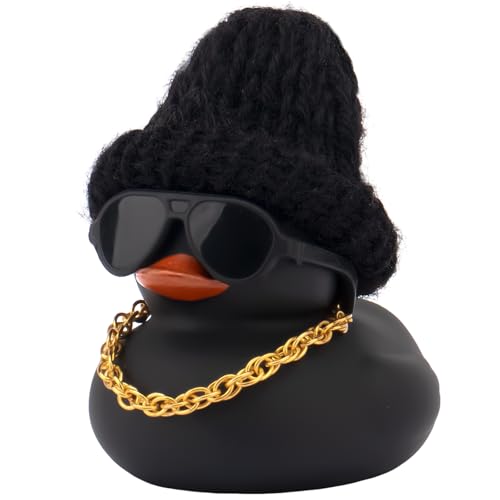 wonuu Bunte Gummi-Enten, Weihnachtsdekoration, Gummi-Ente für das Auto, niedliche Ente mit Strickmütze, Brille, Halskette (schwarz) von wonuu