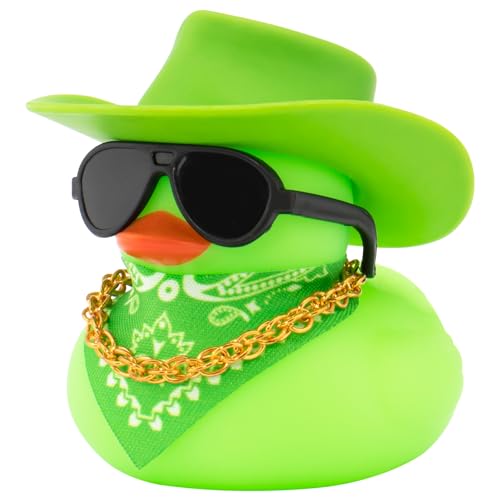 wonuu Bunte Gummi-Enten für das Armaturenbrett, Gummi-Ente für das Auto, niedliche Ente mit Cowboyhut, Brille, Halskette, Schal, Grün von wonuu