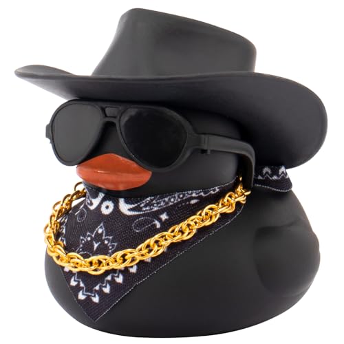 wonuu Bunte Gummi-Enten für das Armaturenbrett, Gummi-Ente für das Auto, niedliche Ente mit Cowboyhut, Brille, Halskette, Schal, schwarz von wonuu