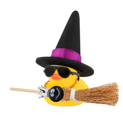 wonuu Halloween Dekoration Gummiente mit Kürbis Elfe Besen Sonnenbrille Halskette Puppe Clown Geist Gesicht Ball für Auto Ornamente Home Table Decor, Schwarz Lila Hut mit Puppe Schwarz Gesicht von wonuu