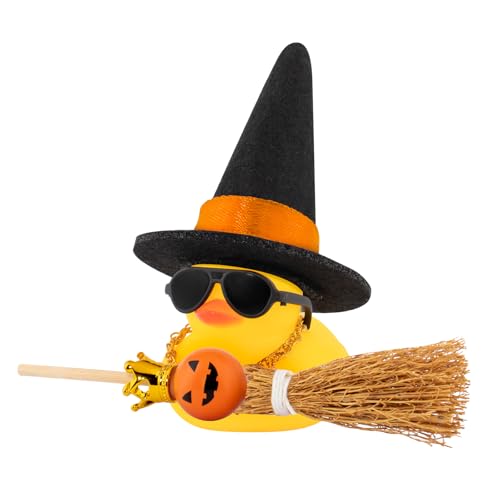 wonuu Halloween Dekoration Gummiente mit Kürbis Elfe Besen Sonnenbrille Halskette Puppe Clown Geist Gesicht Ball für Auto Ornamente Home Table Decor, Schwarz Orange Hut mit Kürbis von wonuu