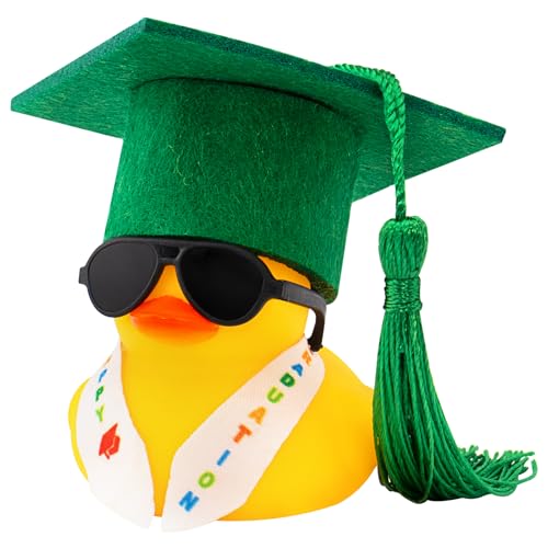 wonuu Mini Graduation Gummiente mit Stola Schärpe Sonnenbrille Graduate Hut, Lustige Abschlussgeschenke Gummienten Abschluss Gummi Ente Abschluss Geschenk Auto Dekorationen für Abschlussenten Grün von wonuu