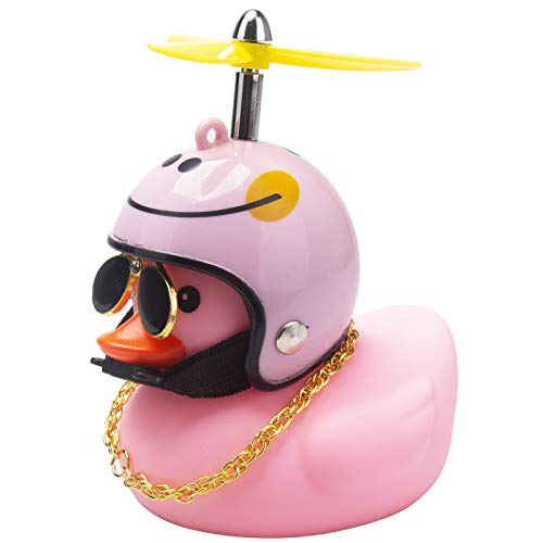 wonuu Rosa Ente Auto Armaturenbrett Dekorationen Gummiente Auto Ornamente Coole Ente mit Propeller Helm Sonnenbrille Goldkette (Pink Smile) von wonuu