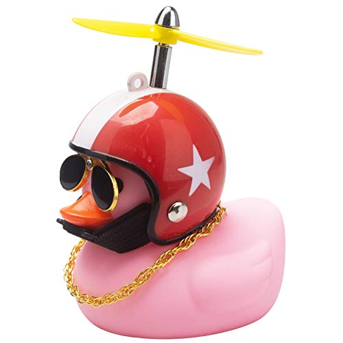 wonuu Rosa Ente Auto Armaturenbrett Dekorationen Gummiente Auto Ornamente Coole Ente mit Propeller Helm Sonnenbrille Goldkette (Roter Hut, weißer Stern) von wonuu