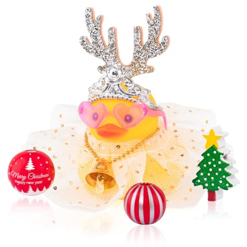 wonuu Weihnachten Gummi Ente Auto Dekorationen Weihnachten Zubehör Geweih Nikolausmütze Rock und Windglocke Silber Stern Kleid von wonuu