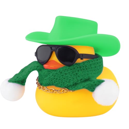 wonuu Winter Gummiente mit Strickschal Sonnenbrille Halskette Cowboyhut Mini Ente für Home Party Ornament Autozubehör Armaturenbrett Dekoration, Grün von wonuu