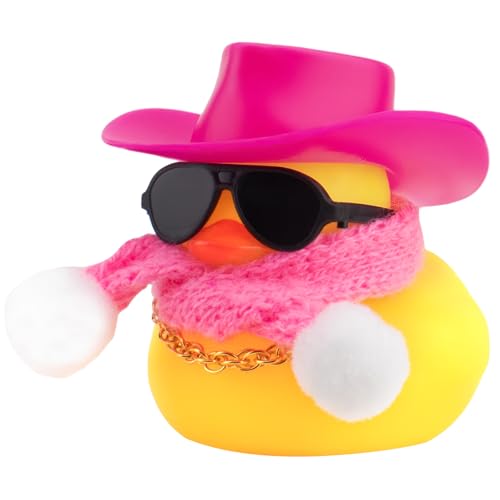 wonuu Winter Gummiente mit Strickschal Sonnenbrille Halskette Cowboyhut Mini Ente für Home Party Ornament Autozubehör Armaturenbrett Dekoration, Rose von wonuu