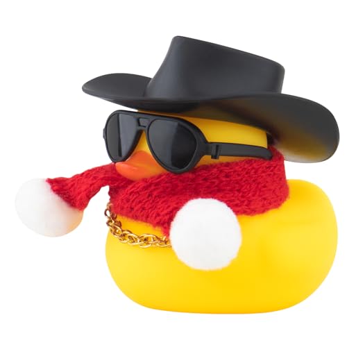 wonuu Winter Gummiente mit Strickschal Sonnenbrille Halskette Cowboyhut Mini Ente für Home Party Ornament Autozubehör Armaturenbrett Dekoration, Schwarz von wonuu