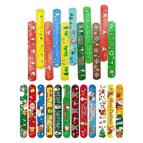 24 Stück Weihnachts-Slap-Armbänder für Kinder, Weihnachtsmuster Slap-Bänder Snap-Bänder-Armband mit Weihnachtsmann-Elch-Taschenfüller, Geschenke für Kinder Weihnachtsparty-Taschenfüller Spielzeug von wopin