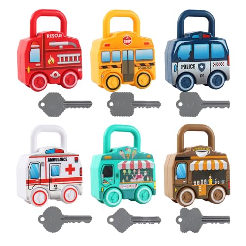 wopin 6Pcs Montessori Schloss und Schlüssel Auto Spielzeug, pädagogische Lernspiel Spielzeug für Kinder, Matching und Zählen Vorhängeschloss Auto Spiele Feinmotorik von wopin