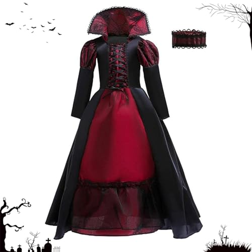 wqibq Vampirkostüm für Mädchen, Vampir Halloween Kostüme, Dunkelrot Vampir Kostüm Kinder, Gothic Vampir Prinzessin Kostüm, Vampir-Königin Kostüm mit Fasching Karneval Cosplay von wqibq