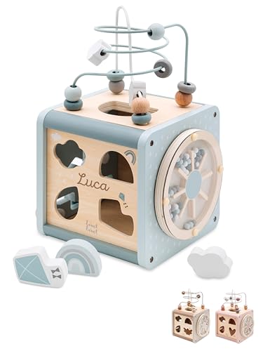 wunderwunsch® - Personalisierter Motorikwürfel Holz - Montessori Würfel - Baby Motorikspielzeug ab 1 Jahr - Baby Spielzeug 1 Jahr (blau, mit Name) von wunderwunsch