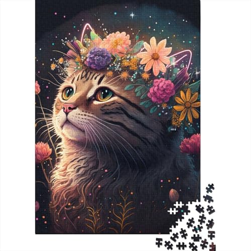 500-teiliges Puzzle „Katze und Blume Neon“ Puzzle für Erwachsene und Jugendliche Holzbrett-Puzzle Spielzeug Denkspiel 500 Teile (52 x 38 cm) von wuzihanptpt