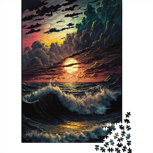 Puzzle 1000 Teile für Erwachsene Ölgemälde mit Sonnenuntergang am Meer Puzzle für Erwachsene Holzbrett-Puzzle dekomprimierendes geistiges Lernspielzeug 1000 Teile (75 x 50 cm) von wuzihanptpt