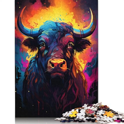 Puzzle für Erwachsene farbenfrohes psychedelisches Büffel-Tuschegemälde Puzzle für Erwachsene 1000 Teile Papierpuzzle für Erwachsene und Kinder ab 10 Jahren Denksportspiel 1000 Teile (38 x 26 cm) von wuzihanptpt