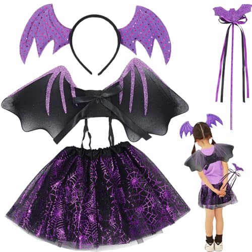 wzkhlsy Halloween Fledermaus Kostüm Kinder Set, Fledermaus Kostüm Mädchen, mit Haareif, Tutu Rock, Flügel und Zauberstab,Halloween Kostüm Kinder Fledermaus, Für Party Mottoparty Fasching (zise) von wzkhlsy