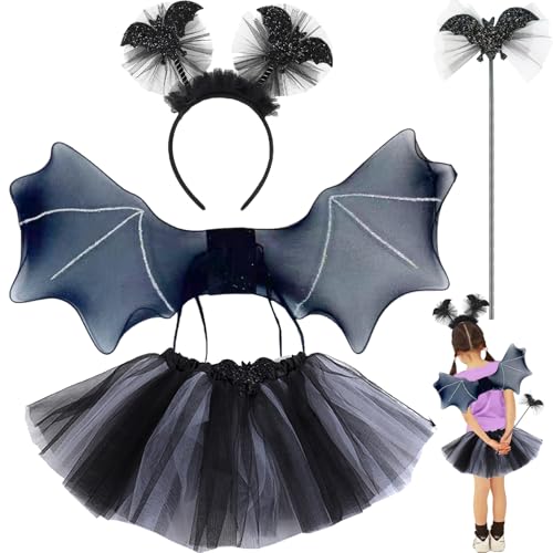 wzkhlsy Halloween Fledermaus Kostüm Kinder Set, Fledermaus Kostüm Mädchen, mit Haareif, Tutu Rock, Flügel und Zauberstab,Halloween Kostüm Kinder Fledermaus, Für Party Mottoparty Fasching (heise) von wzkhlsy