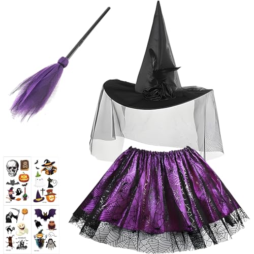 wzkhlsy Halloween Hexenkostüm Kinder, Kinder Lila Hexenrock mit Schwarz Hexenhut, Hexenkleid Halloween Kostüm, Hexe Zauberer Kleid, Hexenkostüm Mädchen für Karneval Halloween Cosplay Party (A) von wzkhlsy