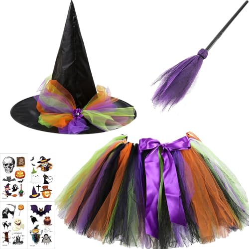 wzkhlsy Halloween Hexenkostüm Kinder, Kinder Lila Hexenrock mit Schwarz Hexenhut, Hexenkleid Halloween Kostüm, Hexe Zauberer Kleid, Hexenkostüm Mädchen für Karneval Halloween Cosplay Party (B) von wzkhlsy