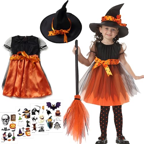 wzkhlsy Halloween-Kleider Kinderkleidung, Orange Hexenkostüm Mädchen, Hexe Zauberer Kleid und Hut, Halloween-Hexe-Kostüme für Mädchen Kinder, Halloween-Maskerade-Zauberer-Kostüm für Kinder (M) von wzkhlsy