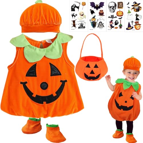 wzkhlsy Kürbis-Kostüm Kind-er für Halloween, Baby Kürbis Kostüm Kinder, Kinder Kürbis Kostüm Anzug, mit Halloween Süssigkeiten Beutel, für Pumpkin Halloween Cosplay Party Kleidung (M) von wzkhlsy