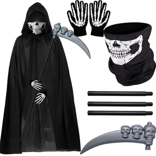 wzkhlsy Sensenmann Kostüm, Grim Reaper Kostüm Erwachsene, Totenkopf Maske Set mit Sensemann Umhang, Sense,Skelett Handschuhe, Sensenmann Umhang für Halloween, Halloween Kostüm Unisex für Cosplay. von wzkhlsy