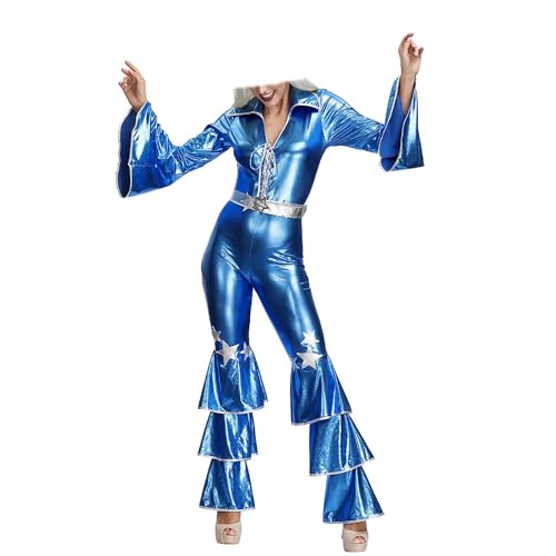 xHxttL Blauer Kunstleder-Overall für Damen, 70er-Disko-Kostüm, Cosplay-Set, klassischer Reißverschluss, Revers, lange Ärmel, Ballmantel von xHxttL