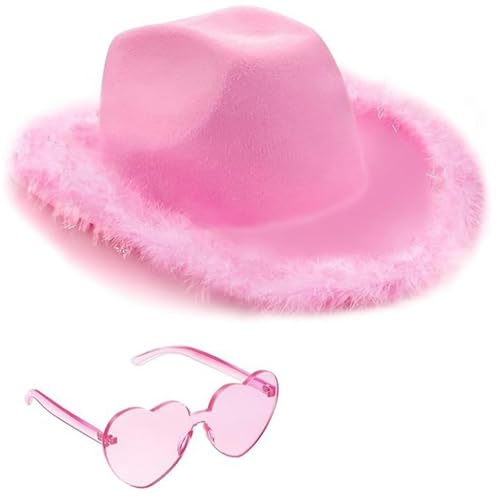 xHxttL Cowboyhut und Brille, flauschiger Cowgirlhut für Mädchen und Kinder in Rosa mit Federn, herzförmige Sonnenbrille, Cowgirl-Accessoires von xHxttL