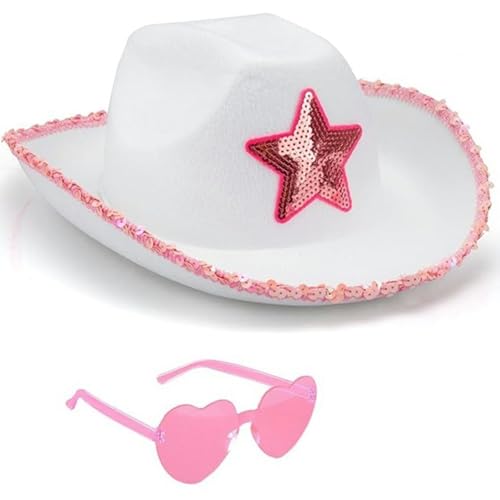 xHxttL Cowboyhut und Brille, flauschiger Cowgirlhut für Mädchen und Kinder in Rosa mit Federn, herzförmige Sonnenbrille, Cowgirl-Accessoires von xHxttL