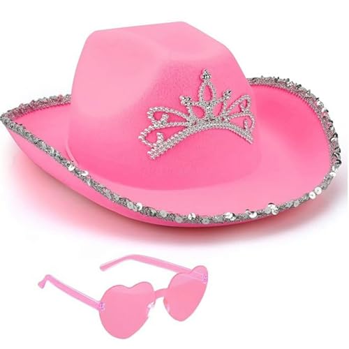 xHxttL Cowboyhut und Brille, flauschiger Cowgirlhut für Mädchen und Kinder in Rosa mit Federn, herzförmige Sonnenbrille, Cowgirl-Accessoires von xHxttL