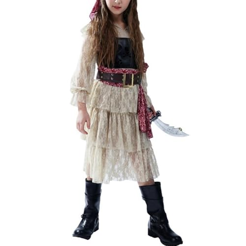 xHxttL Piratenkleid für Mädchen, Halloween-Cosplay-Kostüm, Outfit, Spitzenrüschensaum, Midikleid, Weste, Hüftgürtel, Kopfbedeckung für Partys und Clubs von xHxttL