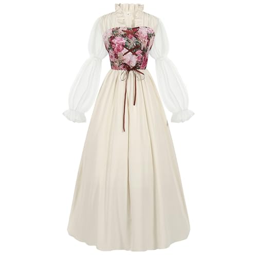 xHxttL Renaissance-Kleid Damen Viktorianisches Feenkleid Mittelalterkostüm Ren Fair Edwardianisches Vintage-Kleid mit Blumenkorsett von xHxttL