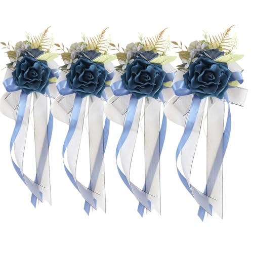 Set von 4 Hochzeitsauto-Simulationsblumen-Verzierungen, elegante Braut-Auto-Dekoration, Seidenschleife, Blumen-Brillen-Verzierung von xbiez