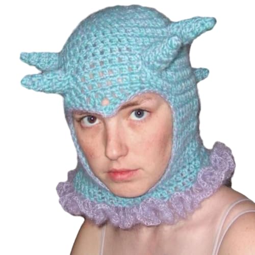 xbiez Strickmütze mit Spitze, für Teenager, verschmitzt, Halloween, einzigartige Horn-Sturmhaube, Kostüm, Party, Cosplay, Horn, Partyhut von xbiez