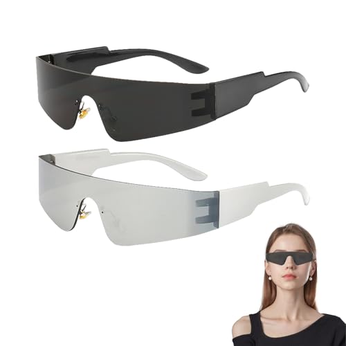 2 Stück Schnelle Brille,Rave Brille,Sonnenbrille Herren Schwarz Silber,Festival Futuristische Raver Sunglasses,Alien Futuristisch,Space Techno Accessoires,Brillen Glasses Sonnenbrillen Witzige von xianshi